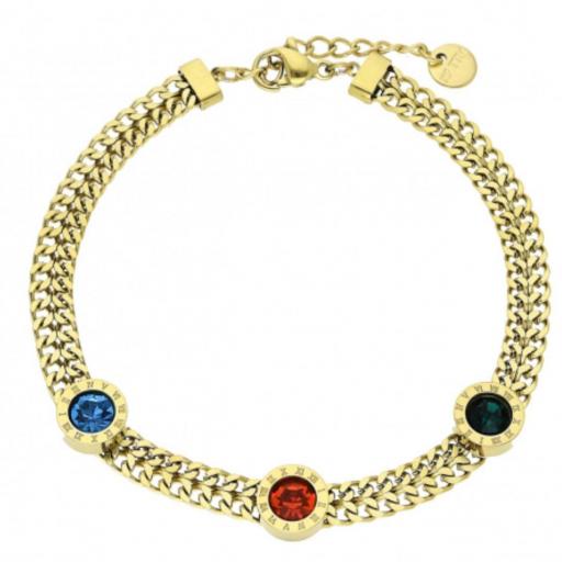 Pulsera ancha dorada para mujer con tres cristales multicolor