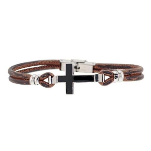  Pulsera de hombre de acero y piel con cruz [1]