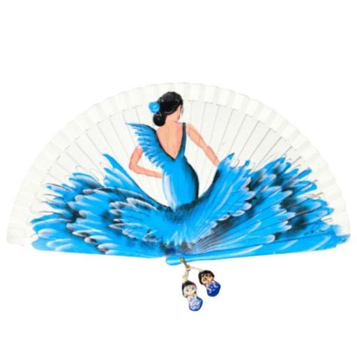 Abanico Artesanal Aire Distinto - Mujer Flamenca en Vestido Azul Turquesa sobre Fondo Blanco