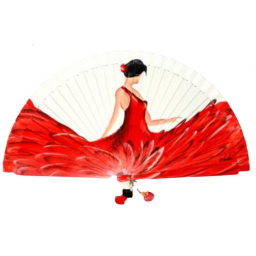 Abanico Artesanal Pintado a Mano con Diseño de Mujer en Vestido Rojo Flamenco - Aire Distinto