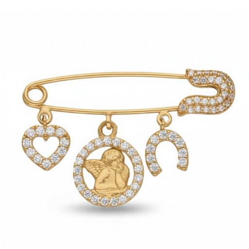 Alfiler de Bebé en Oro 18K con Circonitas y Colgantes – Corazón, Ángel de la Guarda y Herradura