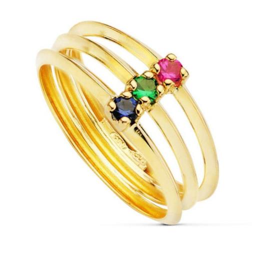 Anillo Triple en Oro Amarillo 18K con Circonitas de Colores · Volumen y Brillo en una Pieza