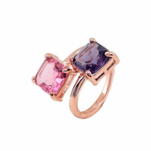 Anillo Rose Brillante by Avanty – Acero Ajustable con Piedras Rosa/Violeta