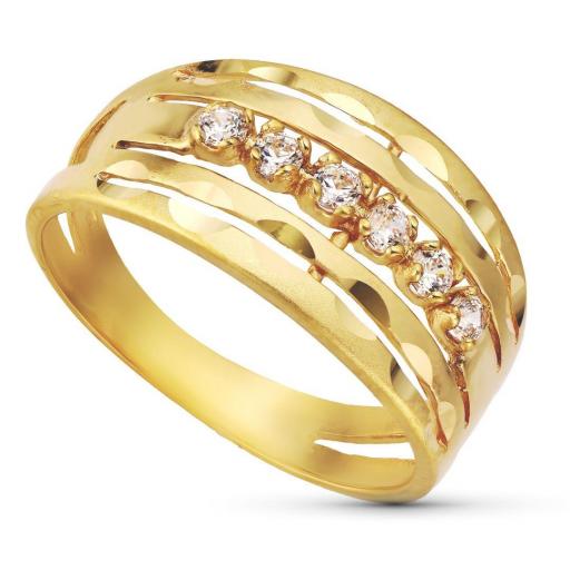 Anillo de Mujer en Oro Amarillo 18k Mate y Brillo con 6 Circonitas Blancas – Sortija Ancha Calada [0]