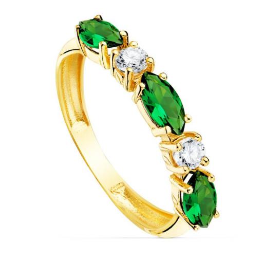 Anillo de Mujer en Oro Amarillo 18k con 3 Circonitas Verdes Talla Marquesa – Sortija Elegante [0]