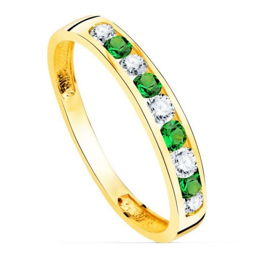 Anillo de Oro Amarillo 18k con Circonitas Verdes y Blancas – Joyería Fina para Mujer [0]
