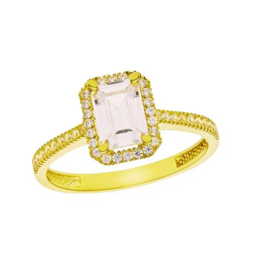 Anillo de compromiso de oro 18k con circonitas y piedra rectangular