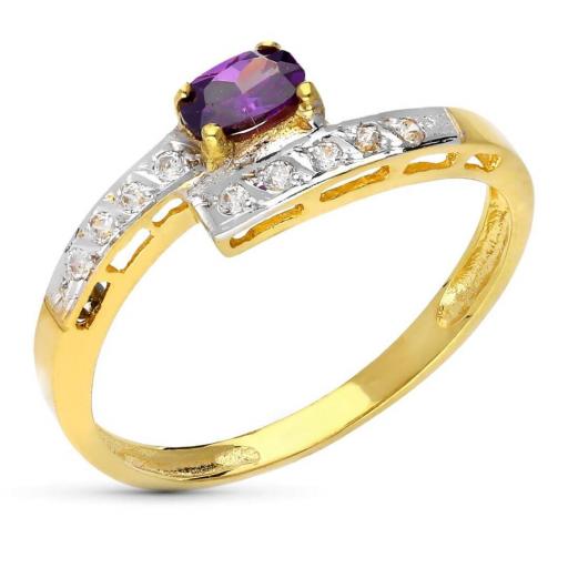 Anillo bicolor de oro 18k con amatista oval y circonitas blancas