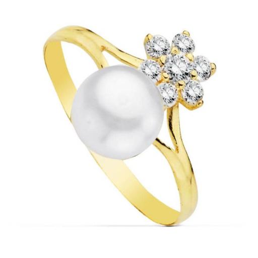  Anillo de oro amarillo 9k con circonitas y una perla blanca para mujer 