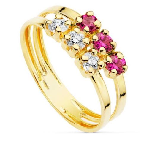 Anillo oro 18K dos aros con circonitas rosas y blancas · Volumen elegante