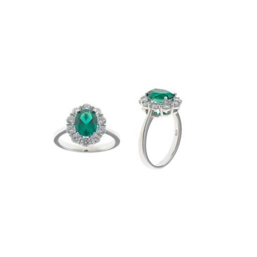 Anillo plata de salvatore en forma de ovalo con cristal verde esmeralda alrededor circonitas talla 16