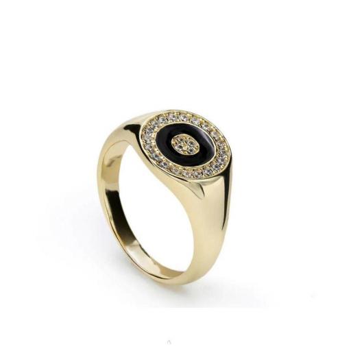 Anillo sello forma circular con circonitas blancas y esmalte negro Lineargent Talla 16