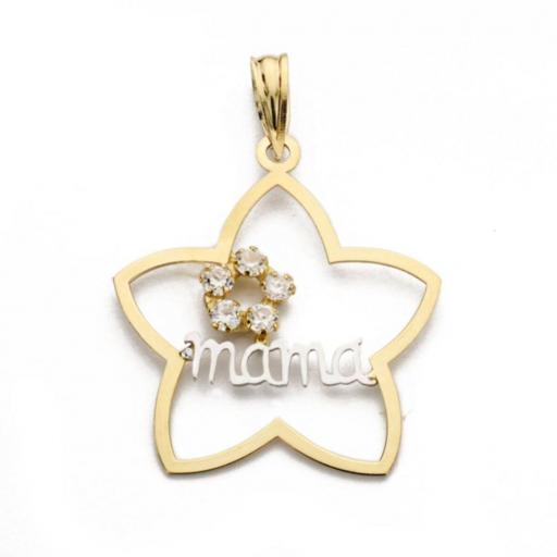 Colgante Bicolor Flor en Oro 18K con Palabra "Mamá" en Oro Blanco