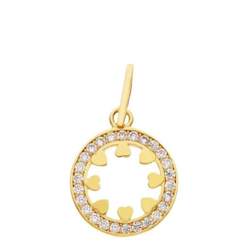 Colgante Circular en Oro 18K con Corazones y Circonitas Blancas – Un Toque de Luz y Romance