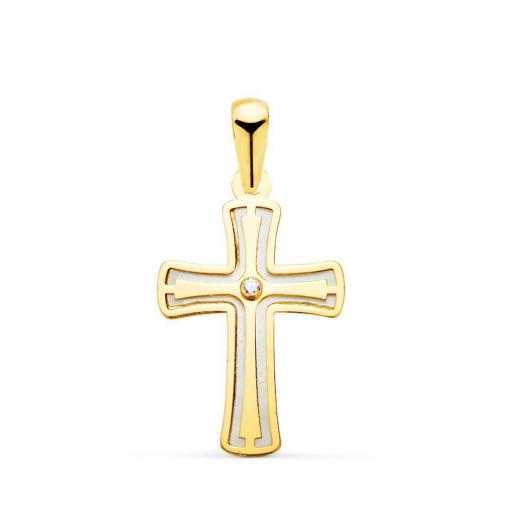 Colgante Cruz en Oro Amarillo 18K con Nácar y Circonita – Elegancia y Espiritualidad