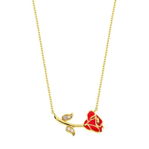 Colgante Rosa Bella y Bestia Disney en plata 925 con esmalte rojo [0]