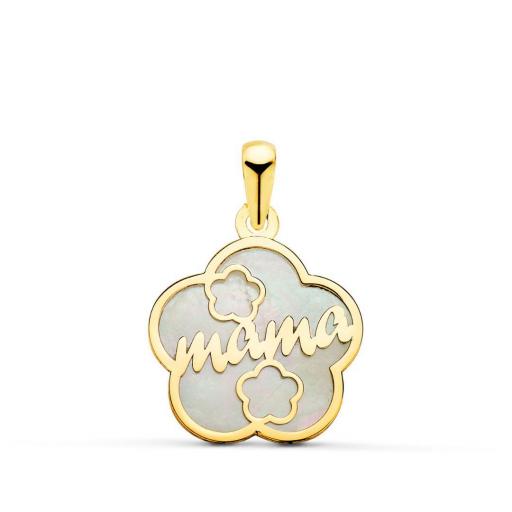 Colgante de Nácar y Oro Amarillo 18K – Forma de Flor y “Mamá