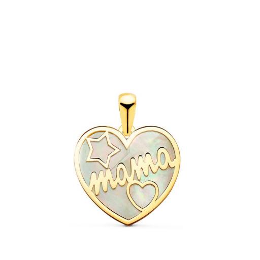 Colgante de Oro Amarillo 18K – Corazón con Nácar, “Mamá”, Estrella y Corazón