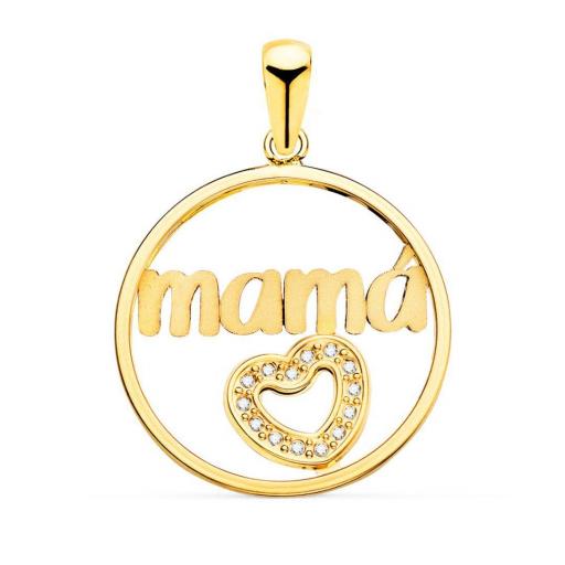 Colgante de Oro Amarillo 18K – Corazón de Circonitas y “Mamá” Redondo 20 mm