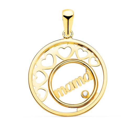 Colgante de Oro Amarillo 18K – Corazones y Círculo con “Mamá” de 20 mm