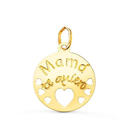 Colgante de Oro Amarillo 18K – Redondo 15 mm “Mamá Te Quiero” con Corazones Calados