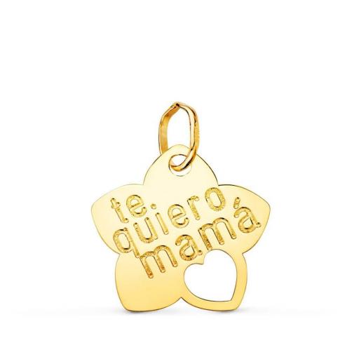 Colgante de Oro Amarillo 18K "Te Quiero Mamá" con Flor y Corazón Calado