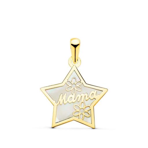 Colgante de Oro Amarillo 18K y Nácar – Estrella con “Mamá” y Flores