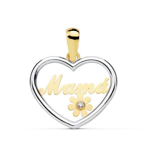 Colgante de Oro Bicolor 18K – Corazón "Mama" con Flor