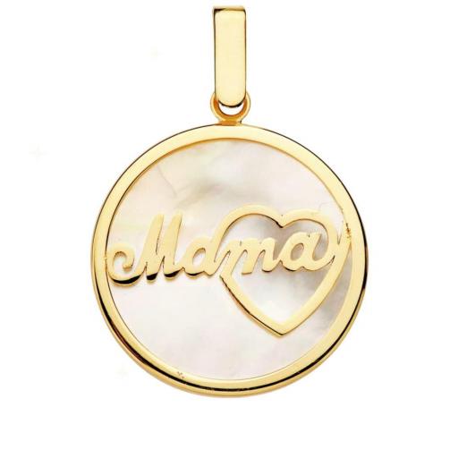 Colgante de oro 18K circular Mama nácar y corazón 