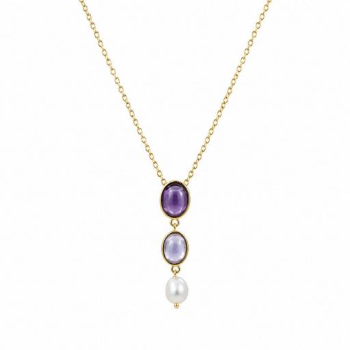 Collar Corto de Plata Dorada con Piedras Violeta y Perla – Delicadeza Sofisticada [0]