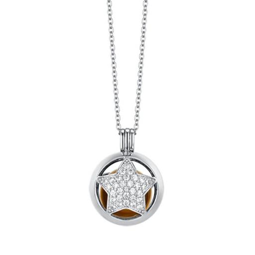Collar Llamador de Ángeles Estrella – Acero Plateado con Cristales Blancos y Bola Dorada, Cadena larga [1]