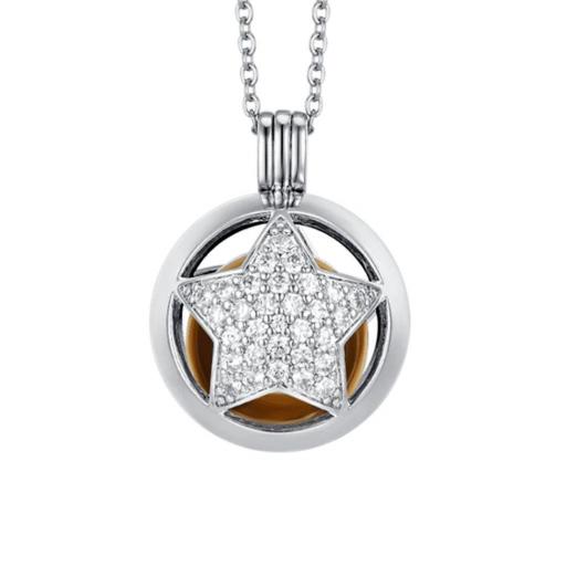 Collar Llamador de Ángeles Estrella – Acero Plateado con Cristales Blancos y Bola Dorada, Cadena larga