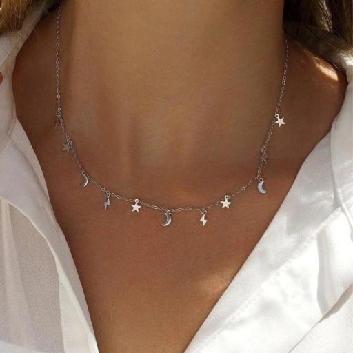 Collar fino con colgantes de plata lisa estrellas, rayos y lunas  [3]