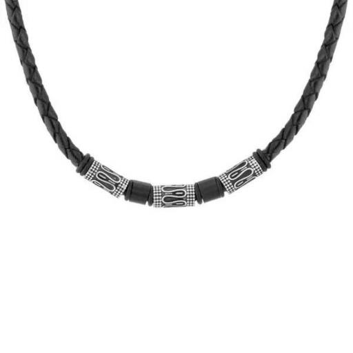  Collar hombre cuero negro con dijes de acero inoxidable