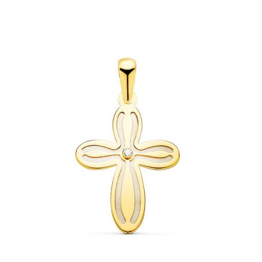 Cruz en Oro Amarillo 18K con Nácar y Circonita – Elegancia y Espiritualidad