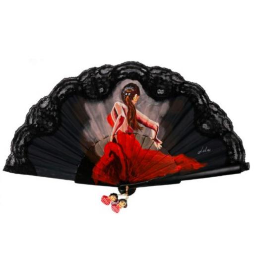 Elegante Abanico Negro con Encaje - Mujer Bailando en Vestido Rojo, Colección Flamenca Aire Distinto