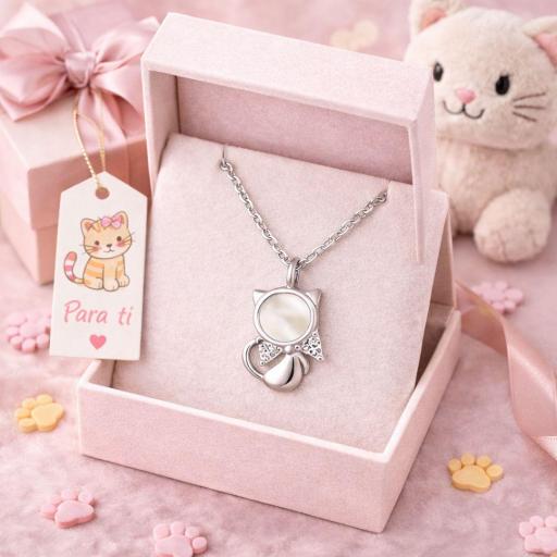 Gargantilla en Plata Rodiada con Nácar Diseño Gatito Elegante [1]