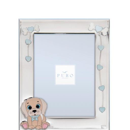 Marco de Fotos Infantil en Plata 1ª Ley – Perrito con Corazones (9x13 cm)