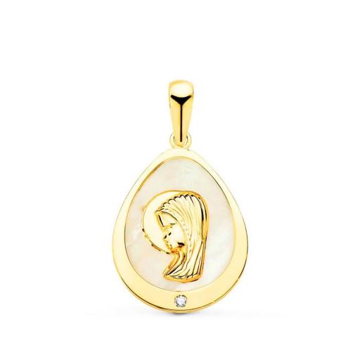 Medalla 18K Oro Amarillo Virgen Niña Lágrima con Nácar y Circonita 15x12 mm - Regalo Especial para Comunión