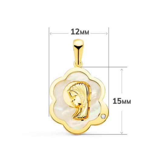 Medalla 18K Oro Amarillo Virgen Niña en Forma de Flor con Nácar y Circonita 15x12 mm - Regalo para Comunión [1]