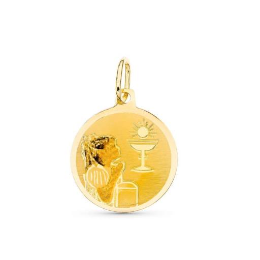 Medalla 18K Oro Amarillo Esmaltada Niña 15 mm - Joya Religiosa Comunión Niña Rezando