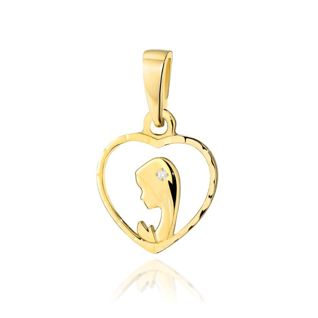 Medalla Virgen Corazón Oro 14K con Diamante Natural