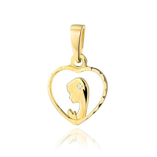 Medalla Virgen Corazón Oro 14K con Diamante Natural