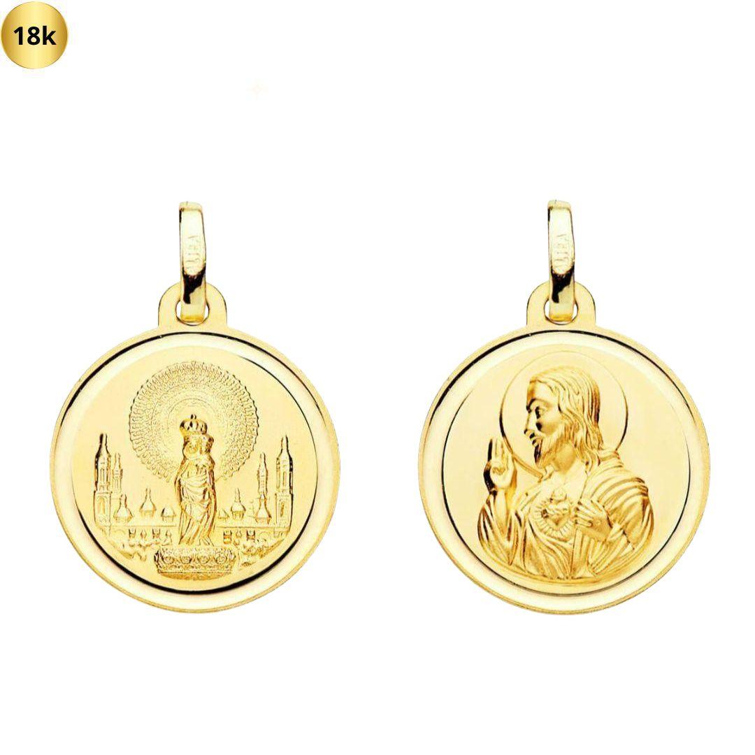 Medalla de doble cara Virgen del Pilar y Corazón de Jesús de oro 18k
