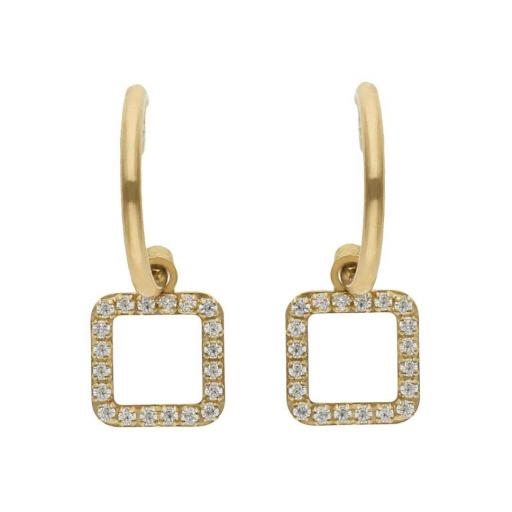 Medios Aros en Oro 18K con Colgante Cuadrado y Circonitas – Elegancia en Movimiento
