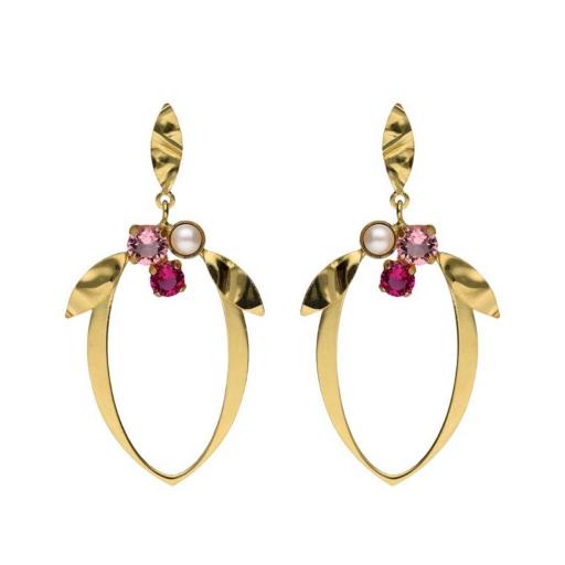 PENDIENTES ALPINA HOJA CON CRISTALES ROSAS Y PERLA EN PLATA DE LEY BAÑADA EN ORO 18K · VICTORIA CRUZ