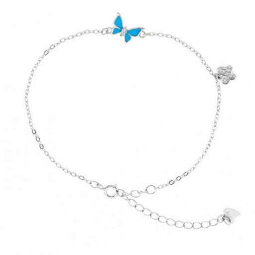 PULSERA DE PLATA DE LEY RODIADA CON MARIPOSA DE ESMALTE AZUL