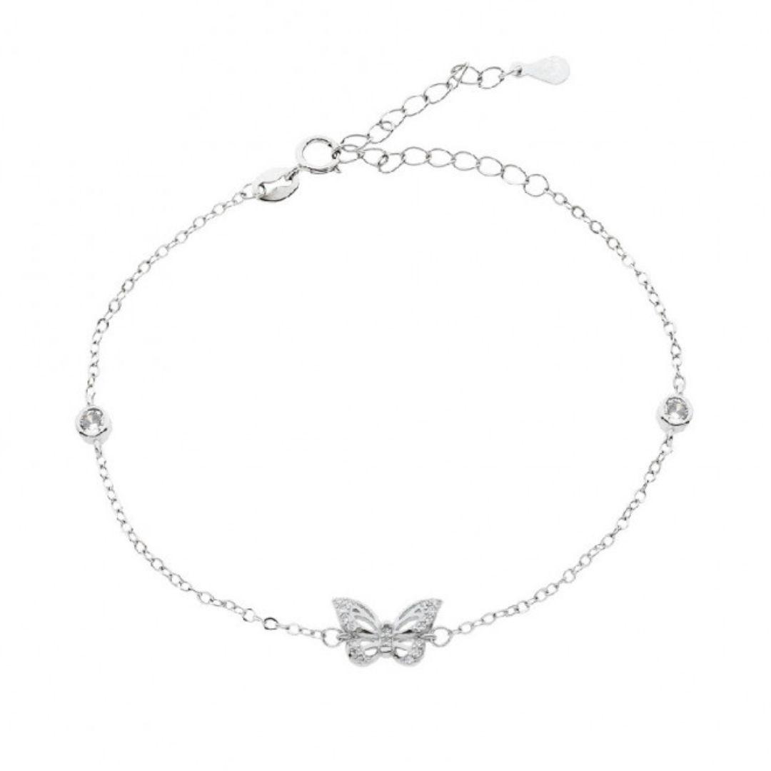 PULSERA DE PLATA DE LEY RODIADA CON MARIPOSA Y CIRCONITAS BLANCAS