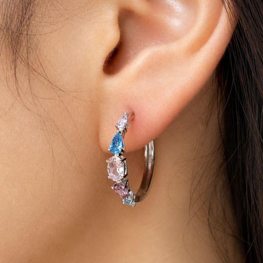 Pendientes Aro Brillo Pastel en Plata Rodiada con Piedras Rosa y Azul [1]