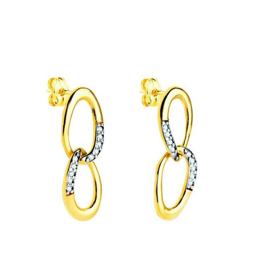 Pendientes Colgantes en Oro Bicolor 18K – Dos Eslabones con Circonitas